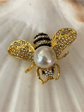 Golden Bee Pearl & Crystal Brooch